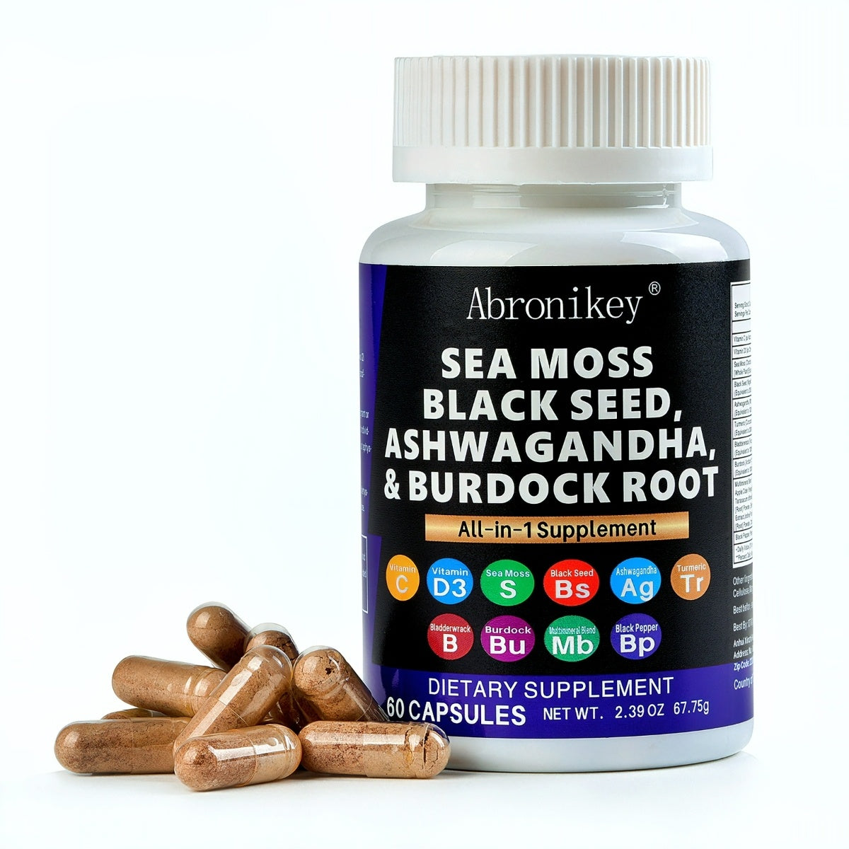 Abronikey 15-in-1 Sea Moss Capsules – Ultimate Immune & Digestive Support with Black Seed Oil, Ashwagandha & Burdock Root
