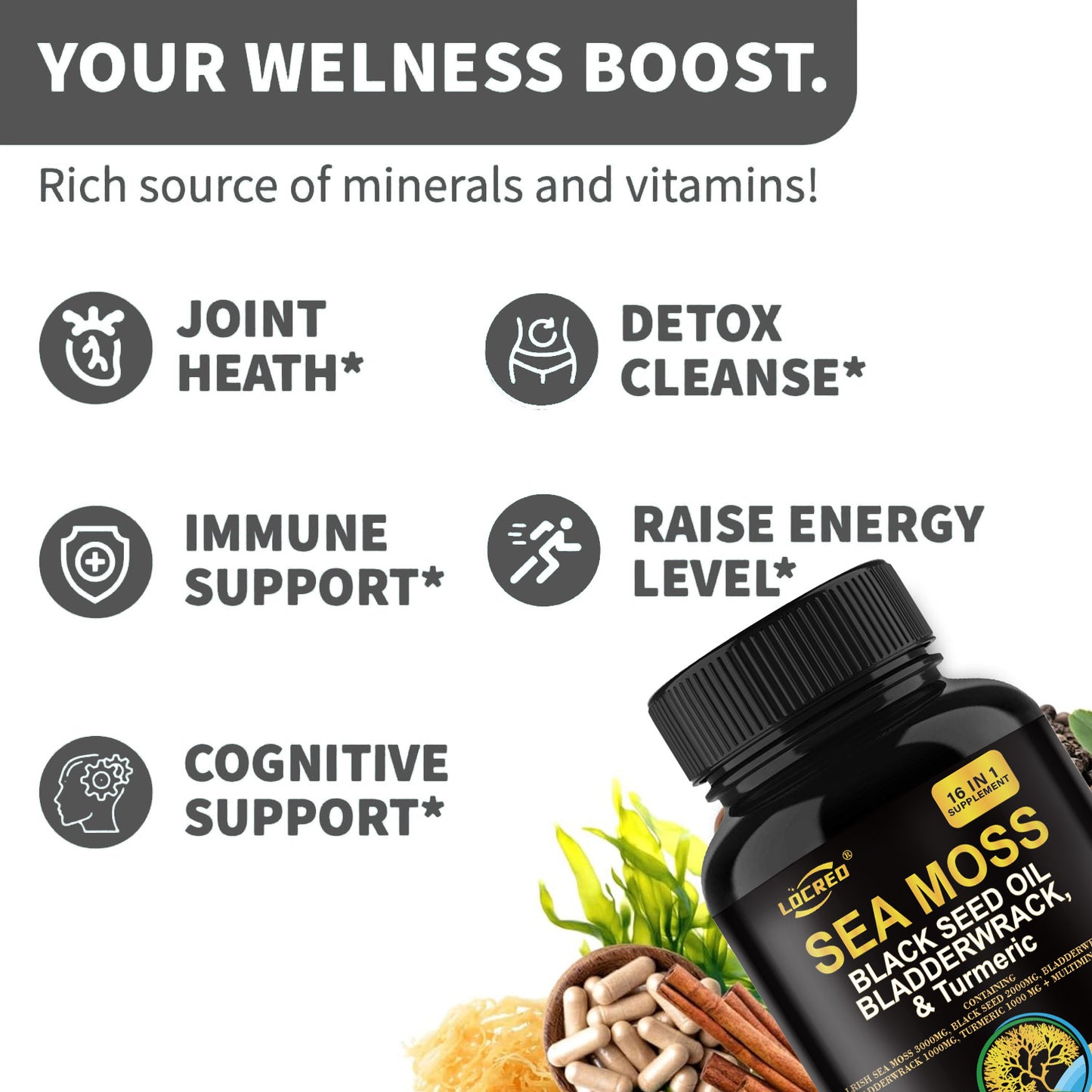 Sea Moss + Black Seed Oil + Bladderwrack & Turmeric – 16-in-1 Superfood Capsules