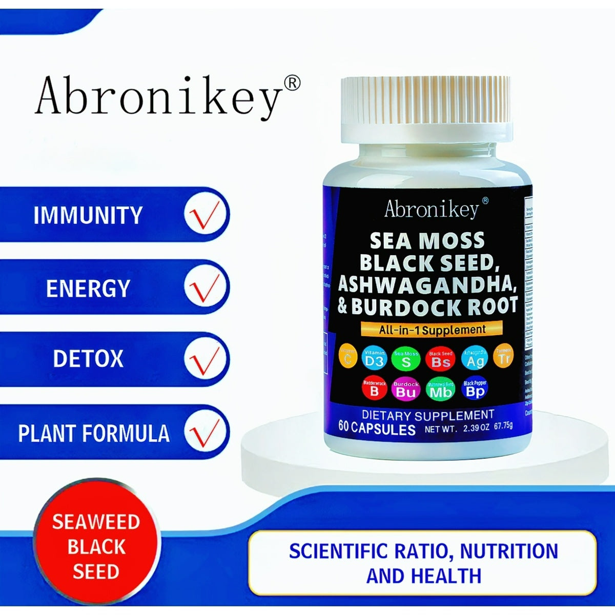 Abronikey 15-in-1 Sea Moss Capsules – Ultimate Immune & Digestive Support with Black Seed Oil, Ashwagandha & Burdock Root