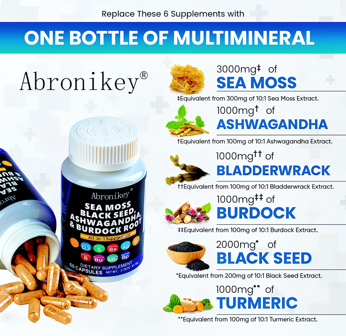 Abronikey 15-in-1 Sea Moss Superblend | Immune & Digestive Support | 120 Capsules