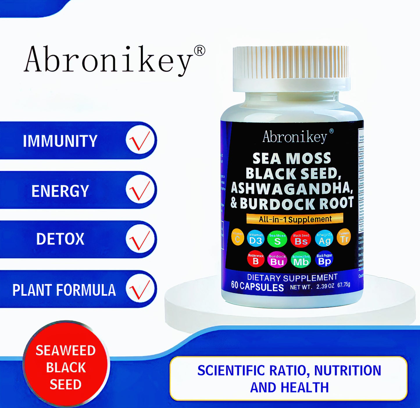 Abronikey 15-in-1 Sea Moss Superblend | Immune & Digestive Support | 120 Capsules