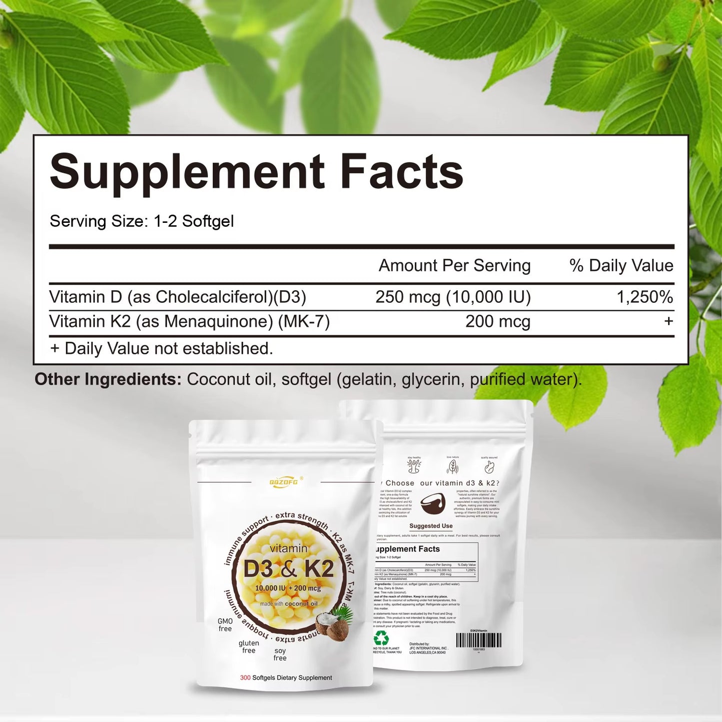 Ultra Strength D3 + K2 Softgels | High-Potency Immune & Bone Health Support (300 Softgels)