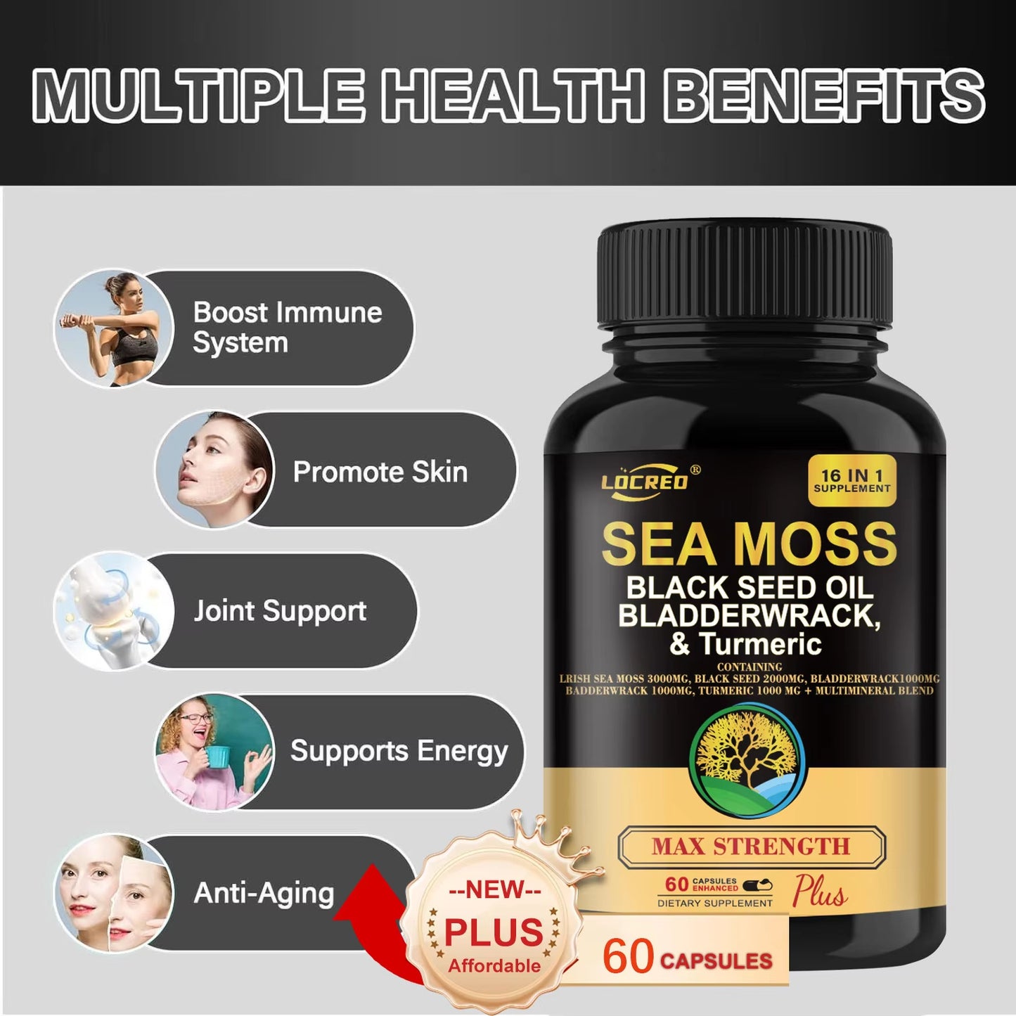 Sea Moss + Black Seed Oil + Bladderwrack & Turmeric – 16-in-1 Superfood Capsules